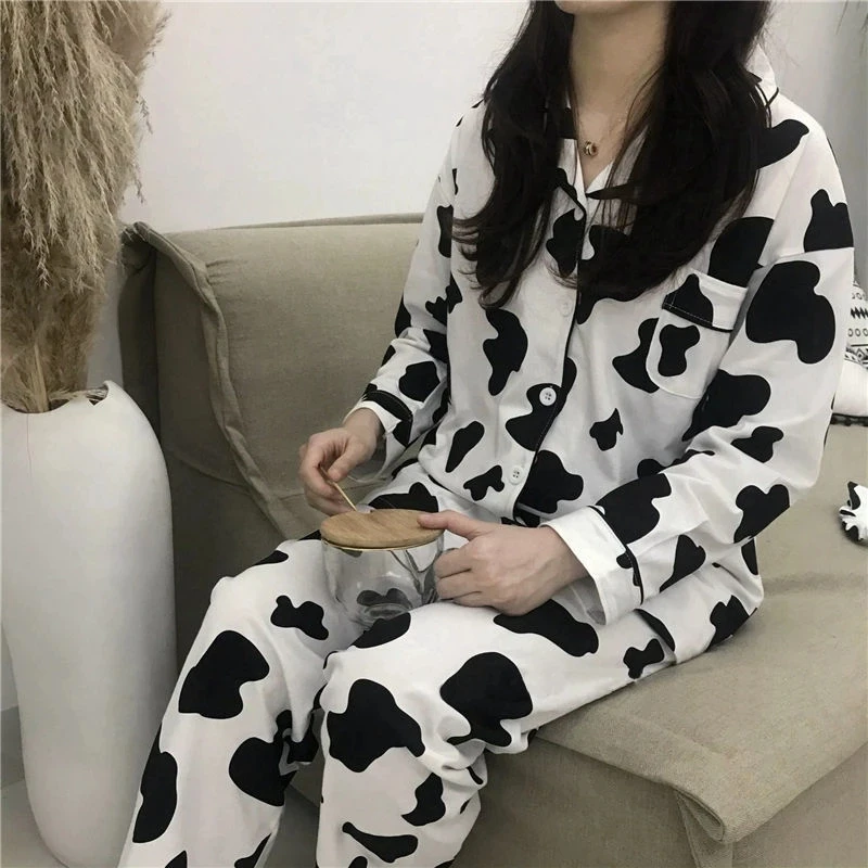 Cotton Home Suits Korean Sleepwear Cow Print Pajamas for Women Autumn Pijama Pyjamas Long Sleeve 2 Piece Set Pjs  Cute Nightwear