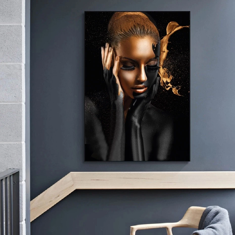 

African Woman Black Gold Nude Oil Painting On Canvas Cuadros Art Posters and Prints Scandinavian Wall Picture for Living Room