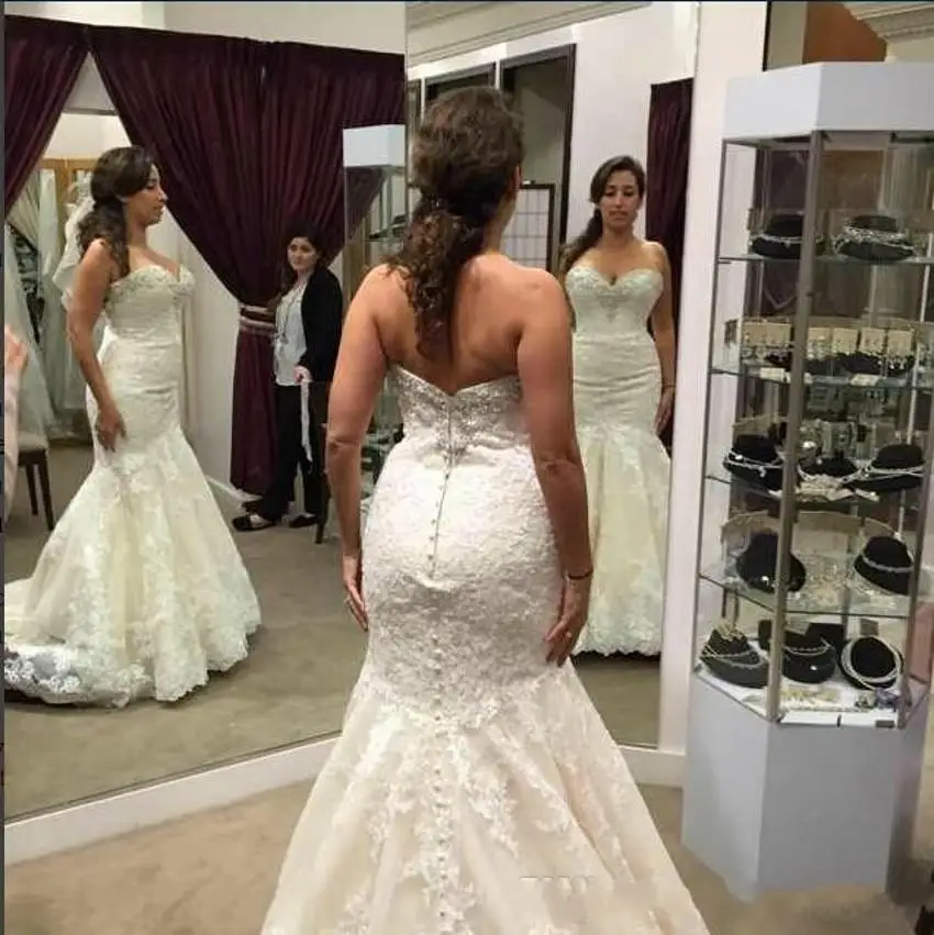 

Romantic 2020 Lace Mermaid Wedding Dress Ivory Tulle Vestido de noiva Sexy Sweetheart Sleeveless Bridal Bride Wedding Gown Beads