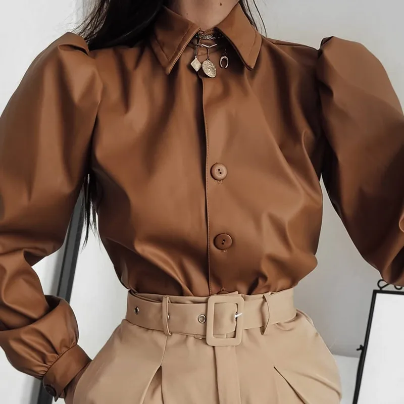 

Autumn Leather Blouse Women Long Sleeve Puff Blouse Vintage Shirt Ladies 2021 Winter Casual Fashion Turn-down Collar