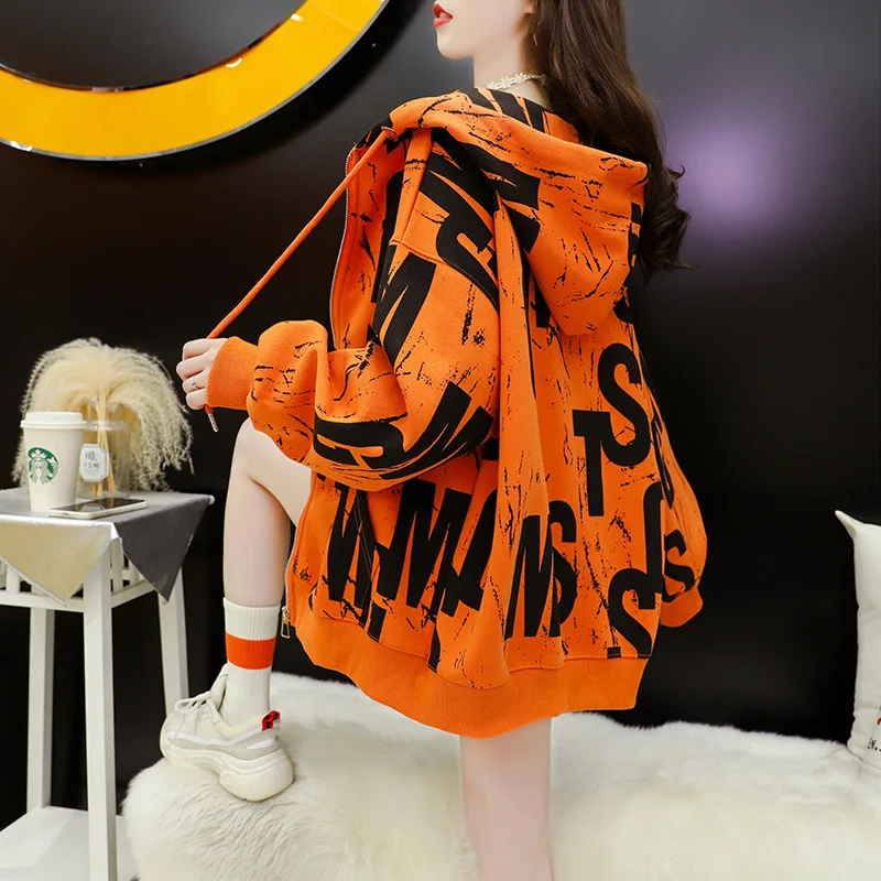 

Женский свободный свитер с капюшоном, повседневная простая Оранжевая Куртка большого размера в уличном стиле, осень 2021