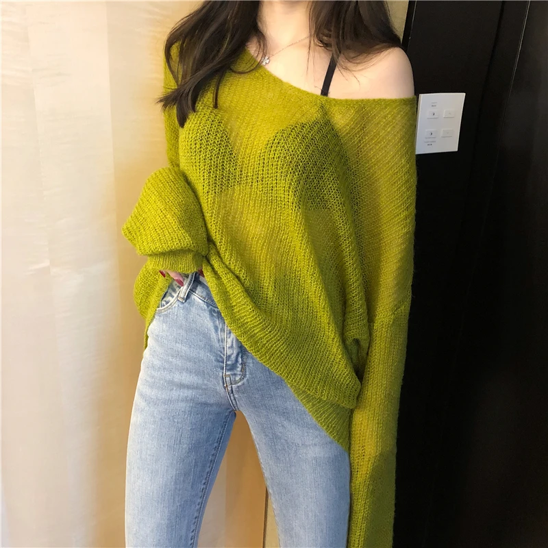 Lucyever Fashion Knitted Black Sweater Women Long Sleeve V-neck See-through Woman Autumn Casual Loose Solid Pull Femme | Женская одежда