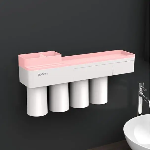 Pink 4 cups Магнитная Адсорбция перевернутый держатель зубной щетки макияж моющее средство телефон зубная паста ванная комната хранения настенное крепление ванной набор - Цвет: Pink 4 cups