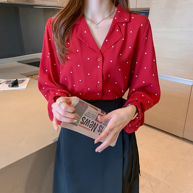 

Blouses Baggy Shirts Women Polka Dot Plus Size Chiffon Simple Design Korean Style Shirts Black Dames Blouse Ladies Clothes DG50S