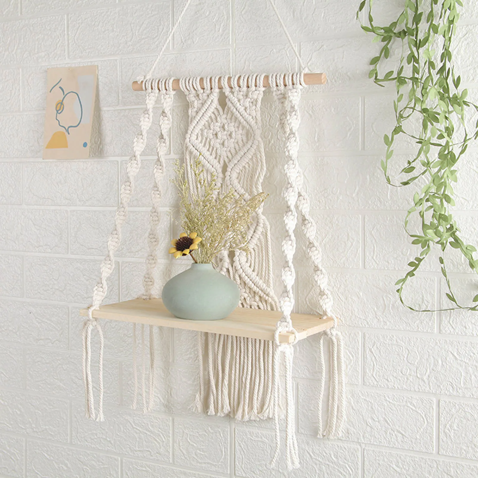 

Hand-Woven Macrame Shelf Tapestries Rack Wooden Shelves For Wall Bohemian Decorative Wall Hanging Shelves Plant Holder Home Deco