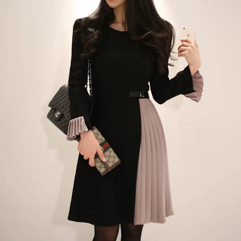 

Runway Fall Pleated Patchwork High Quality Dress O-Neck Women Clothes Flare Sleeve Party Dress With Belt Robe Vestidos