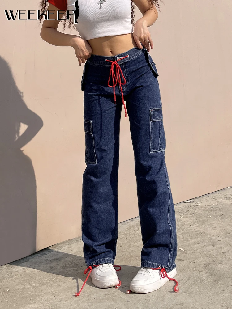 

Weekeep Basic Lace Up High Waist Denim Jeans Women Fashion Baggy Streetwear Y2k Grunge Pocket Patchwork 90s Straight Denim Pants