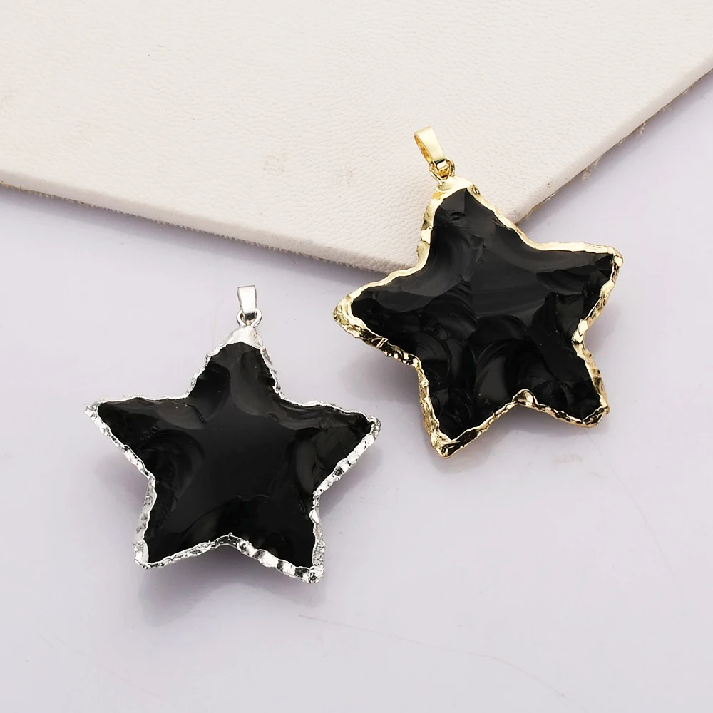 

BOROSA 5PCS Gold / Silver Plated Star Black Obsidian Pendant For Women's Statement Necklace DIY WX2068
