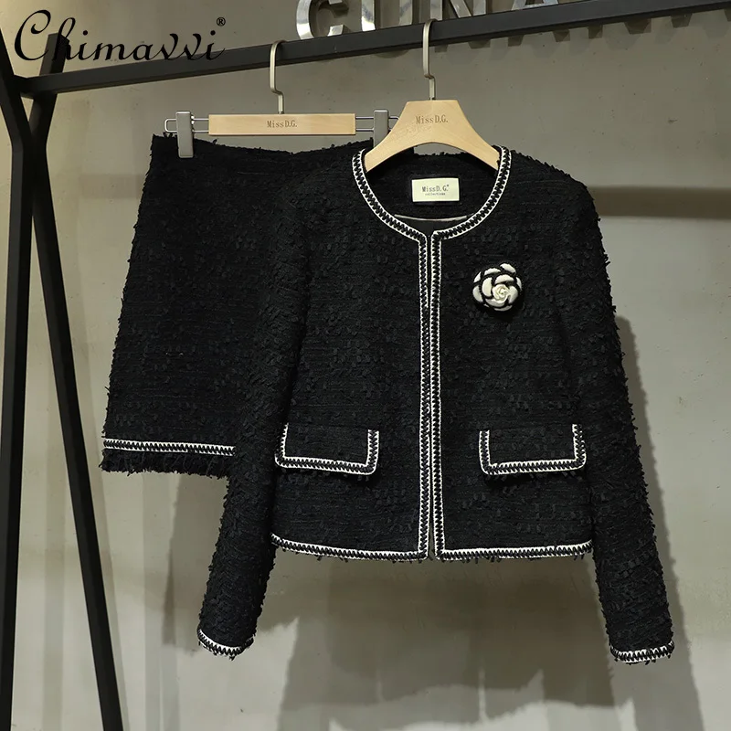 

Ladies Skirt Set 2021 Women's Autumn New Round Neck Tweed Short Coat Mini Skirt Two-Piece Set Elegant Woolen Outfits for Women