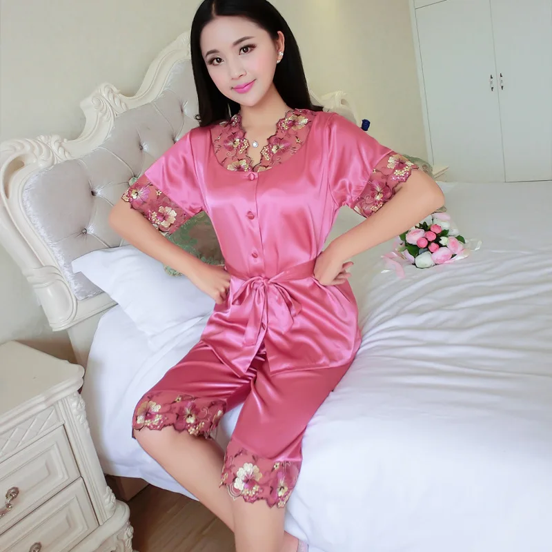 

Short Sleeve Silk Pajamas Spring Women Summer Pajama Sets Silk Pijama Sleepwear Pyjamas Nightwear Set