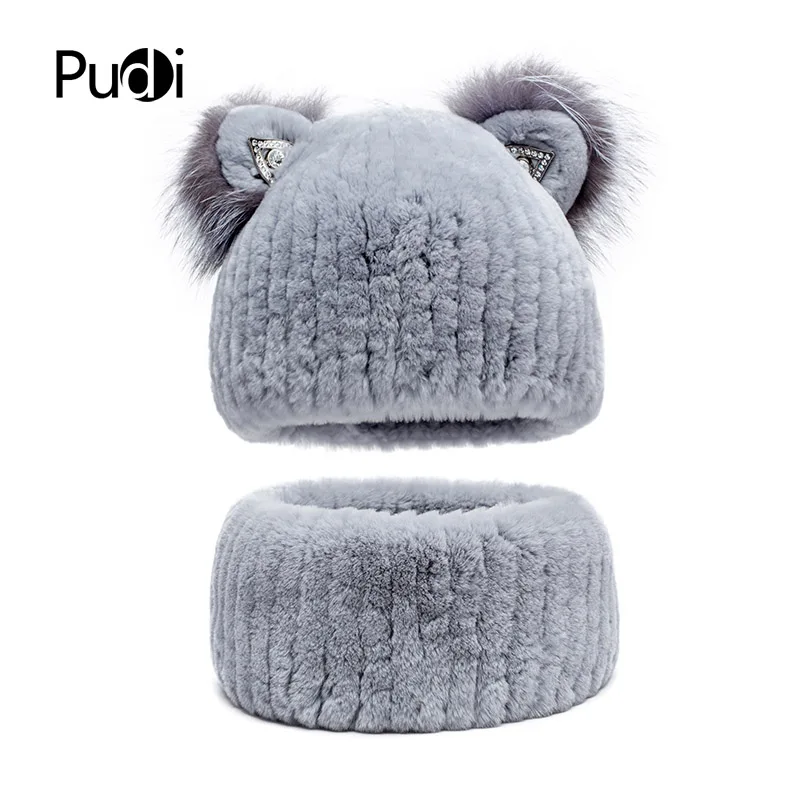 Pudi HF7034 MS шарф из кроличьего меха, шапка с милыми ушами серебристой лисы, модная теплая зимняя шапка различных цветов на выбор
