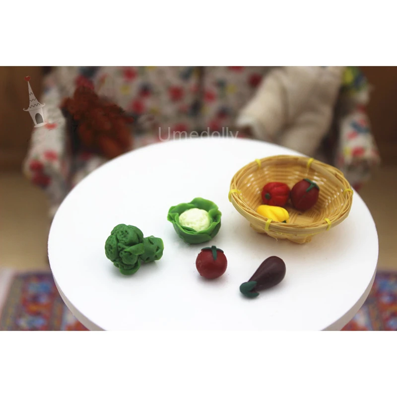 Бамбуковая корзина и мини-овощи 1 комплект для 1/12 кукольного домика миниатюрная