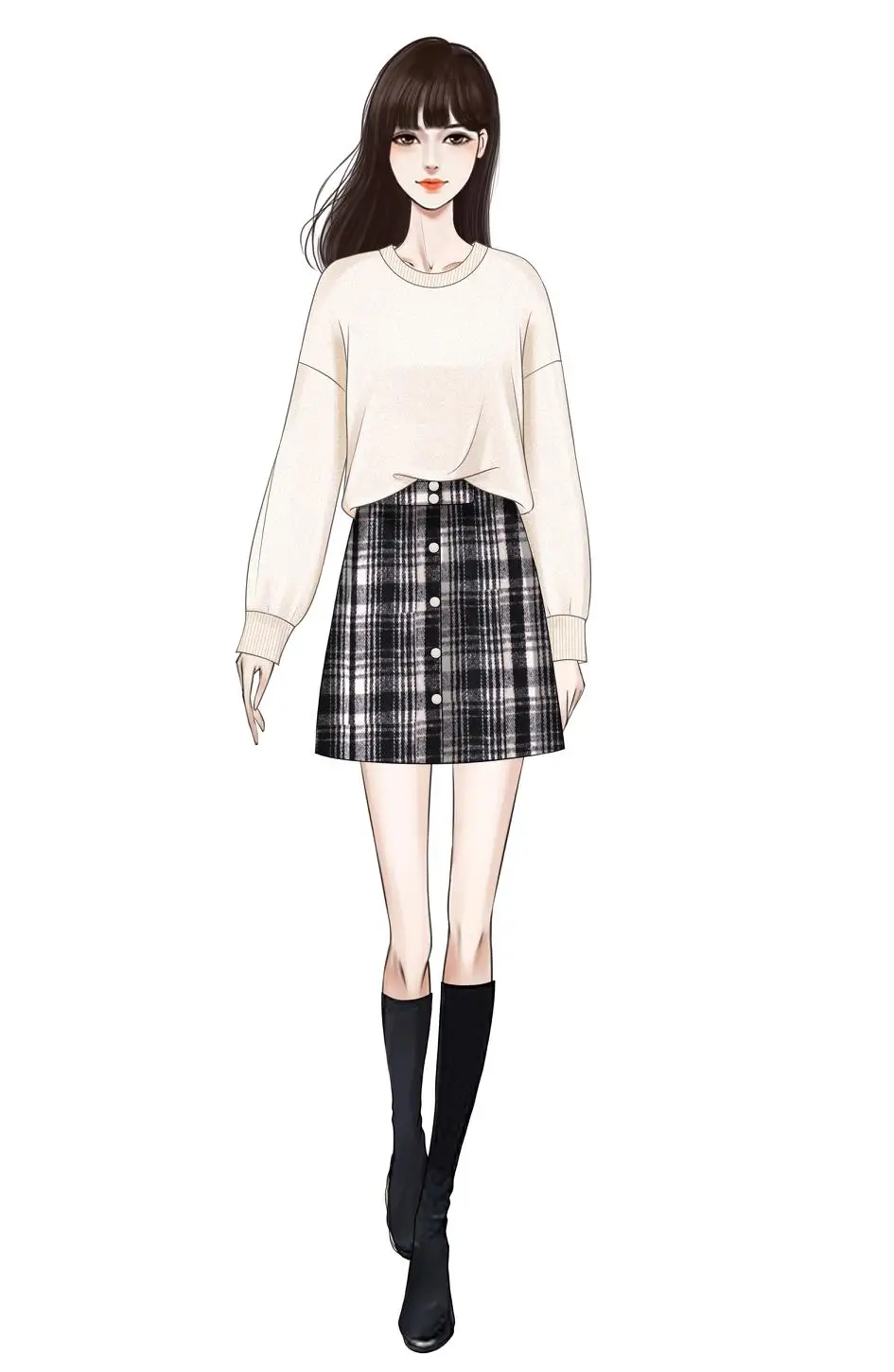 

New 2021 Autumn Winter Women Pullover Loose Sweater Knit Female Joker Grid A-Line Skirt Two-Piece Outfit Leisure Casual Top Set