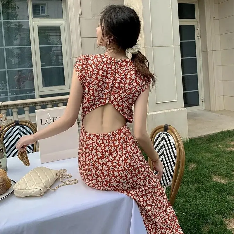 

Philosophy Women Summer Sexy Backless Midi Dress Vintage Print Floral Split Boho Dress Casual Holiday Lady Beach Dress