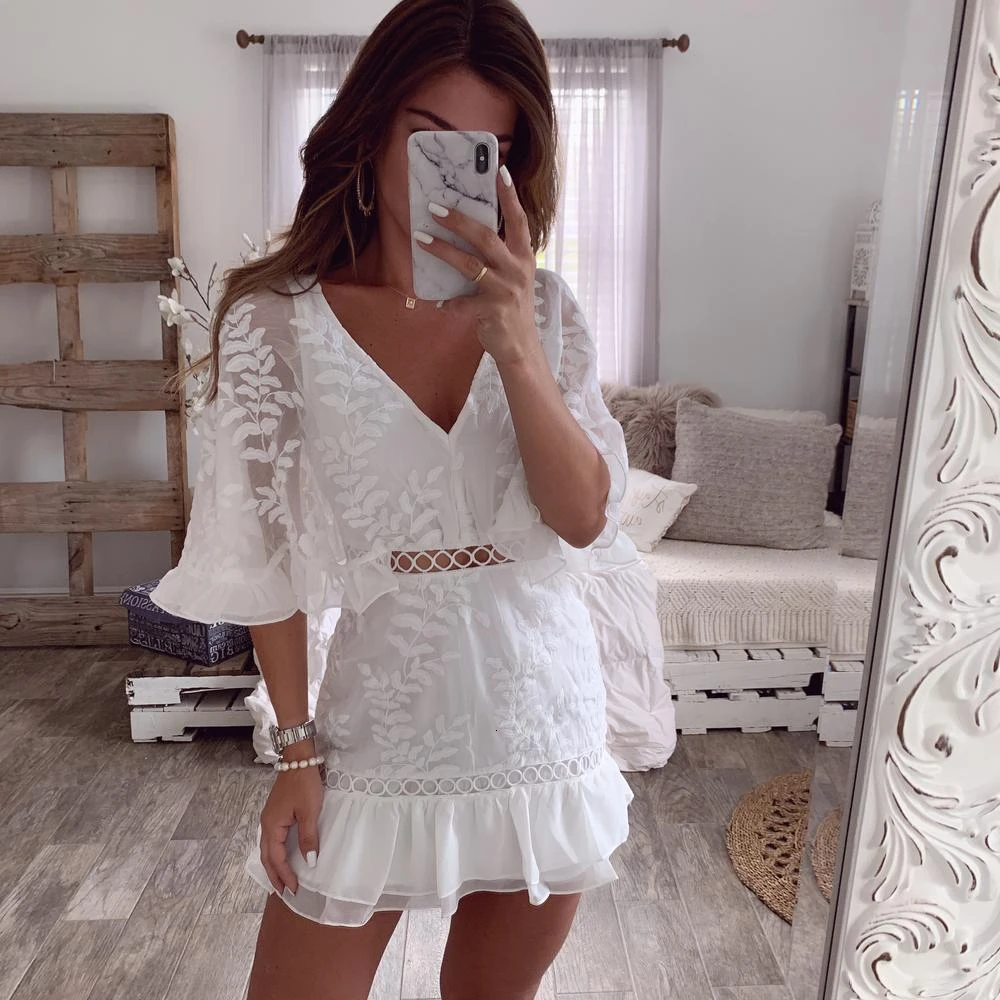 Женское платье с рукавом бабочкой Осеннее лоскутное мини глубоким v образным