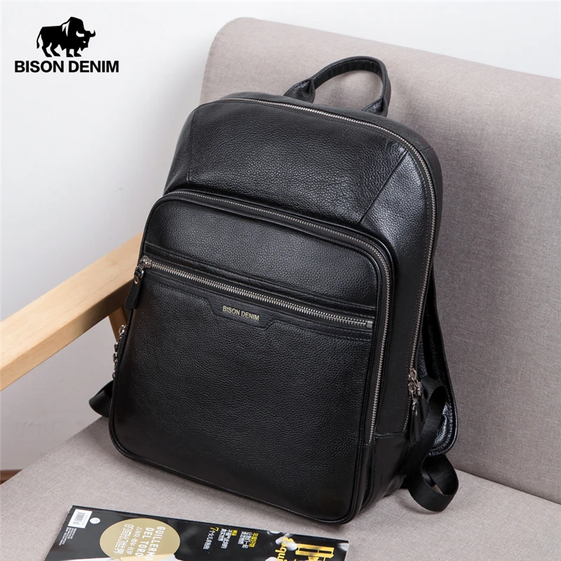 BISON DENIM, мужской рюкзак из натуральной кожи, 14 дюймов, рюкзак для ноутбука, рюкзак для путешествий, мужской модный рюкзак, школьный рюкзак для мужчин, N2337