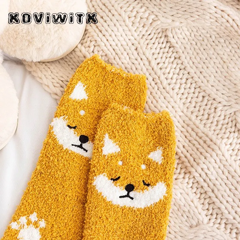 Fashion lovely Cartoon Animal Coral fleece Thick Socks for womens dog/panda/Cat Foot Cute black Sock Funny Girls Cat Hosiery Sox