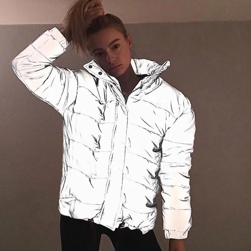 Fashion Short Parkas Winter Reflective Warm Jacket Coats Outerwear Turtleneck Casual Cotton Parka Zipper Down Jackets Streetwear