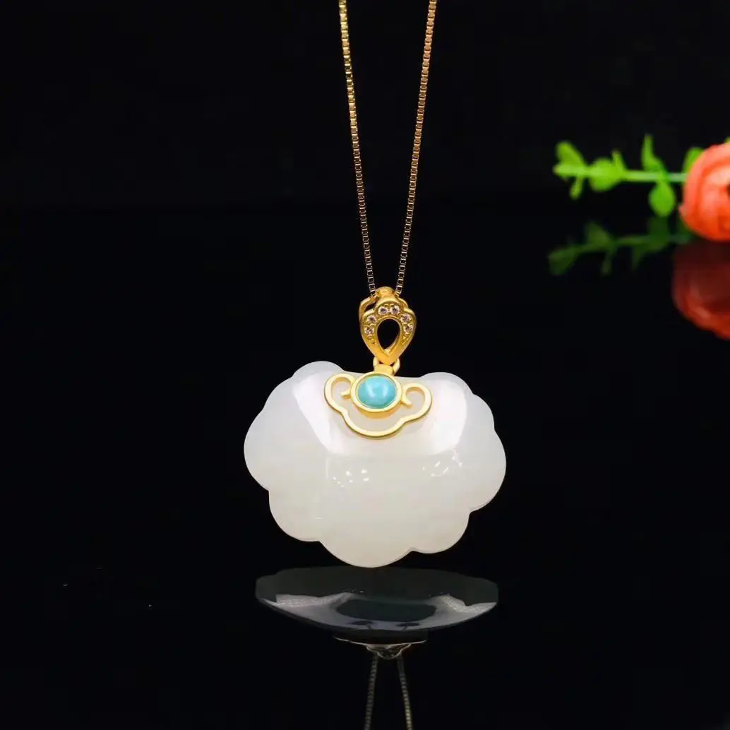 

Natural Hetian Jade White Jade Lock of Good Wishes Pendant S925 Ancient Style Gold Inlaid with Jade Turquoise Xiangyun Jade Lock