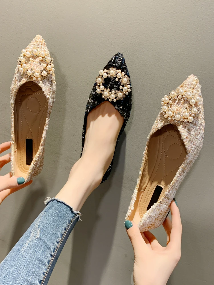 

Summer Shoes Ladies Pointed Toe Elegant Female Footwear Soft Pearl Decorateion Shallow Mouth Women's Moccasins All-Match Casual