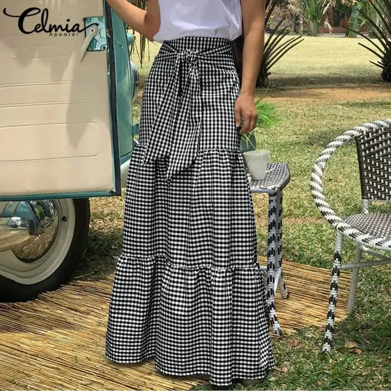 

Celmia Women Vintage Plaid Maxi Skirts Belted High Waist Long Skirts 2021 Fashion Pleated Stitching Faldas Casual Loose Jupes