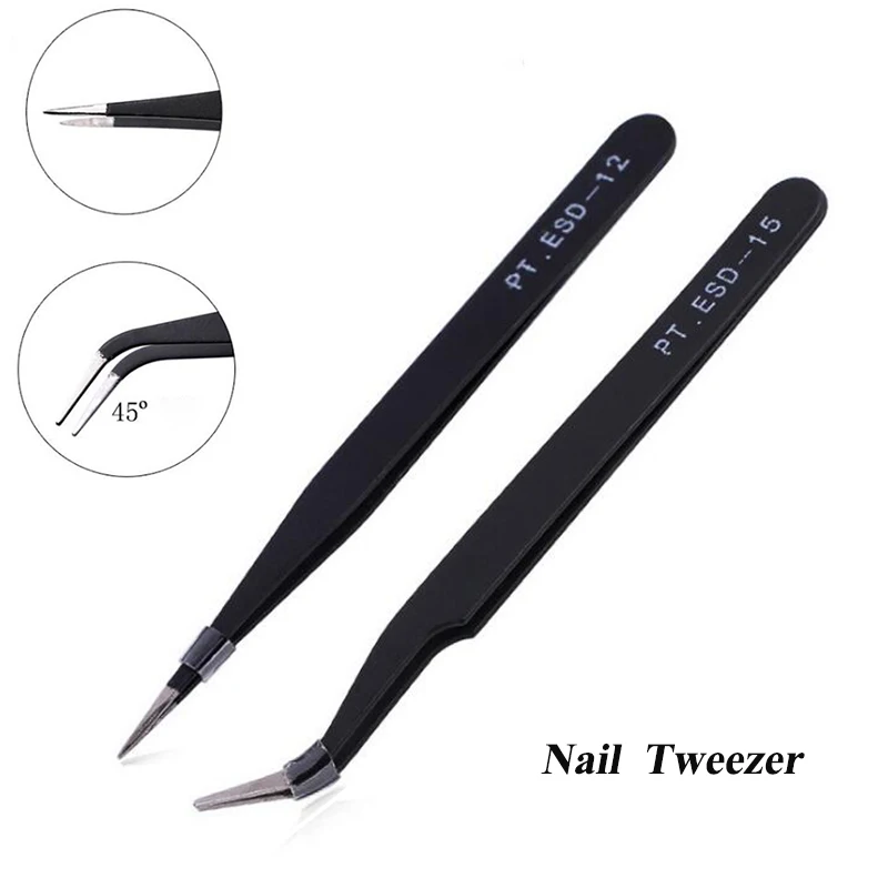 1Pcs Black Nail Tweezers Curved/Straight Designs Nipper Picking Tool For Nail Art Rhinestones,Stainless Steel Pointed Clip Force