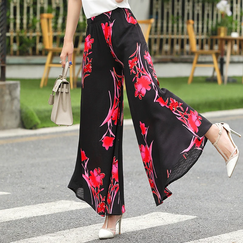 

Summer Slim Fluid Wide Leg Pants Female Trousers Feet Straight Casual Boot Cut Fancy Plus Size Ankle-length Pants High Print