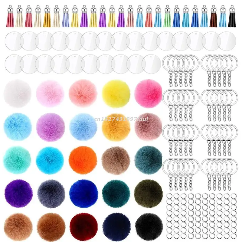 

1 Set Acrylic Keychain Blanks with Key Rings Round Clear Discs Circles Colorful Tassel Pendant Jump Rings Plush Balls
