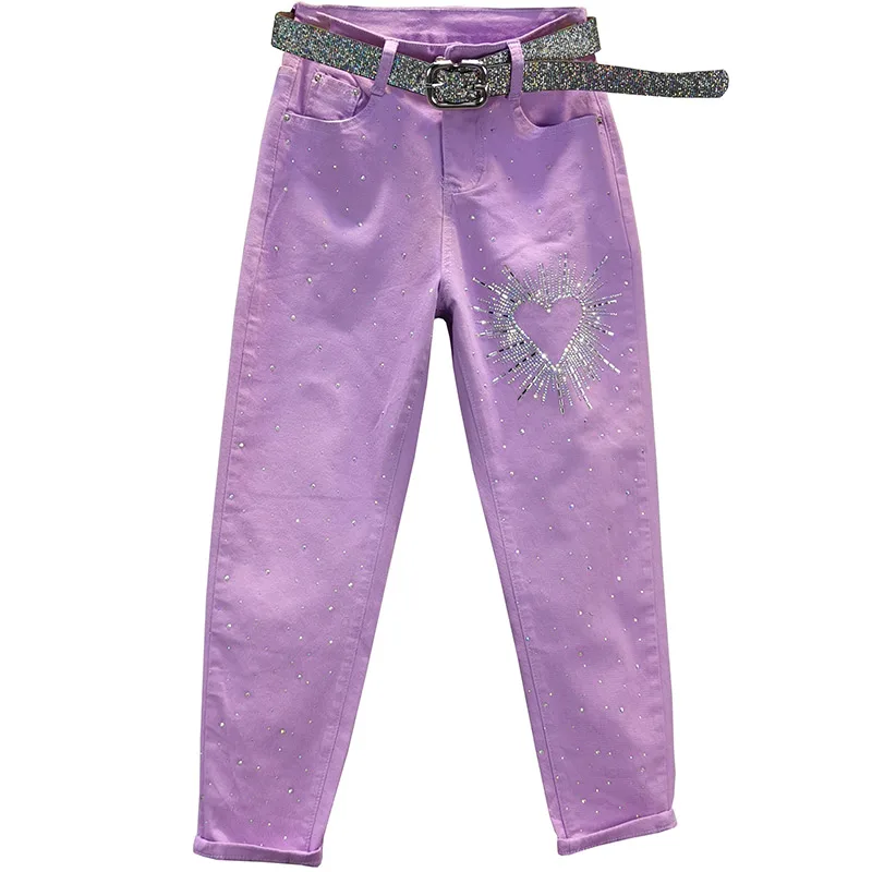 

shine rhinestone solid women jeans summer new high waist pocket harem casual all match ankle length female jeans top quality