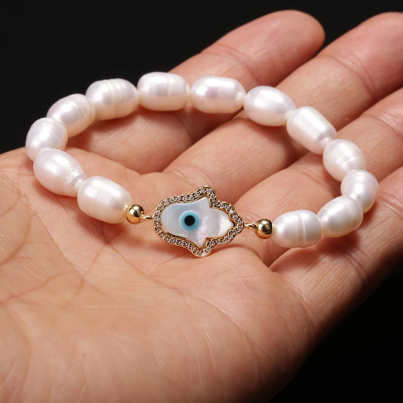 

5pcs Hand Protection CZ Connector Natural Freshwater Pearl Plastic Elastic Rope Beaded Unisex Bracelet For Wedding Birthday Gift