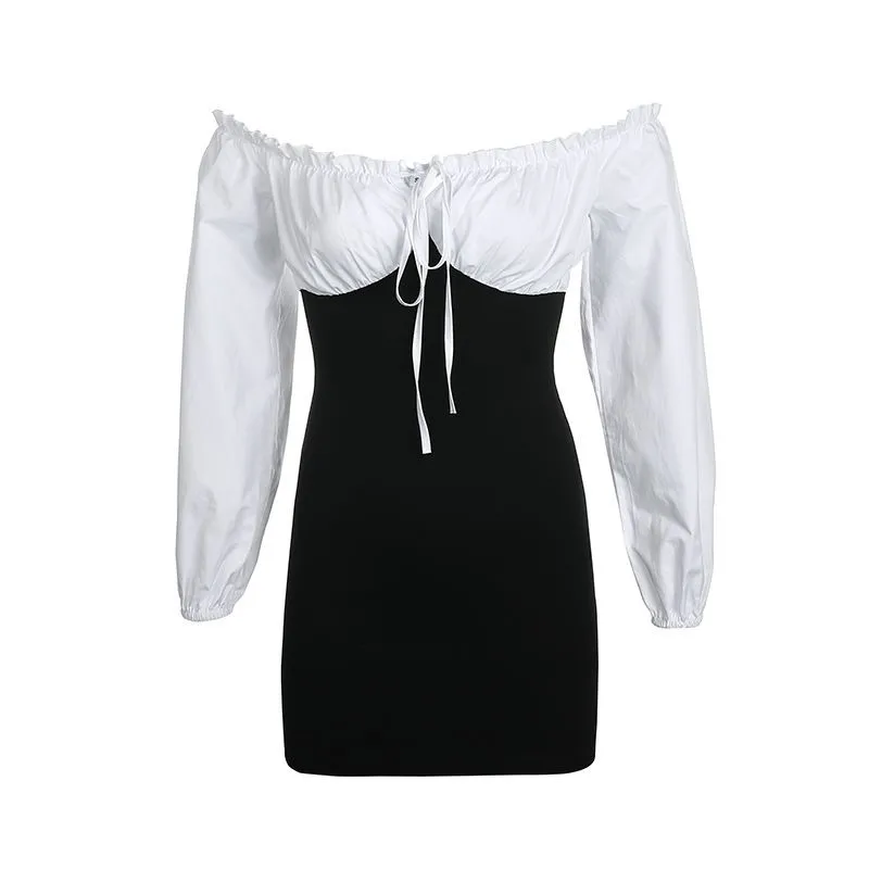 

Модное Элегантное черно-белое женское мини-платье; Сезон весна-осень вечерние на день рождения, фестиваль, Милое сексуальное во французском...