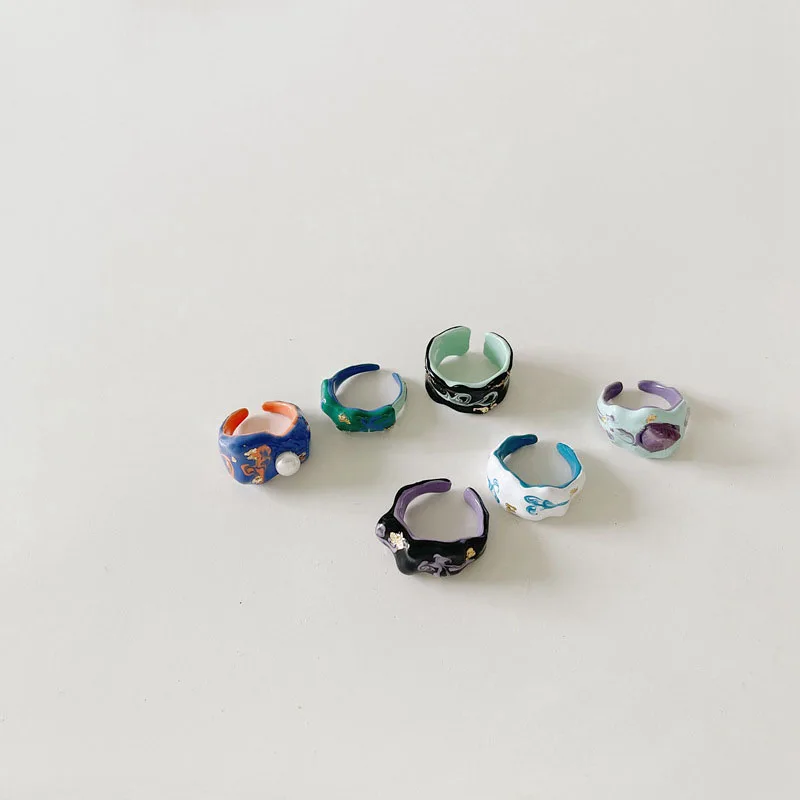 

New Fashion Colorful Dripping Oil Rings Natural Pearl Hand-Painted Geometric Open Ring for Women Girls Party Jewelry Gift