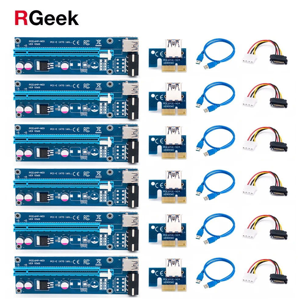 райзер для видеокарты pci e 16x майнинга 4 pin 6 шт. Райзер Ver006 60 см Usb 3 0 Райзер-карта Pci