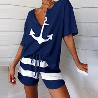 summer 2pcs women tracksuit boat anchor print shirt shorts set spring elegant v neck pullover ladies sportswear suits pocket hot