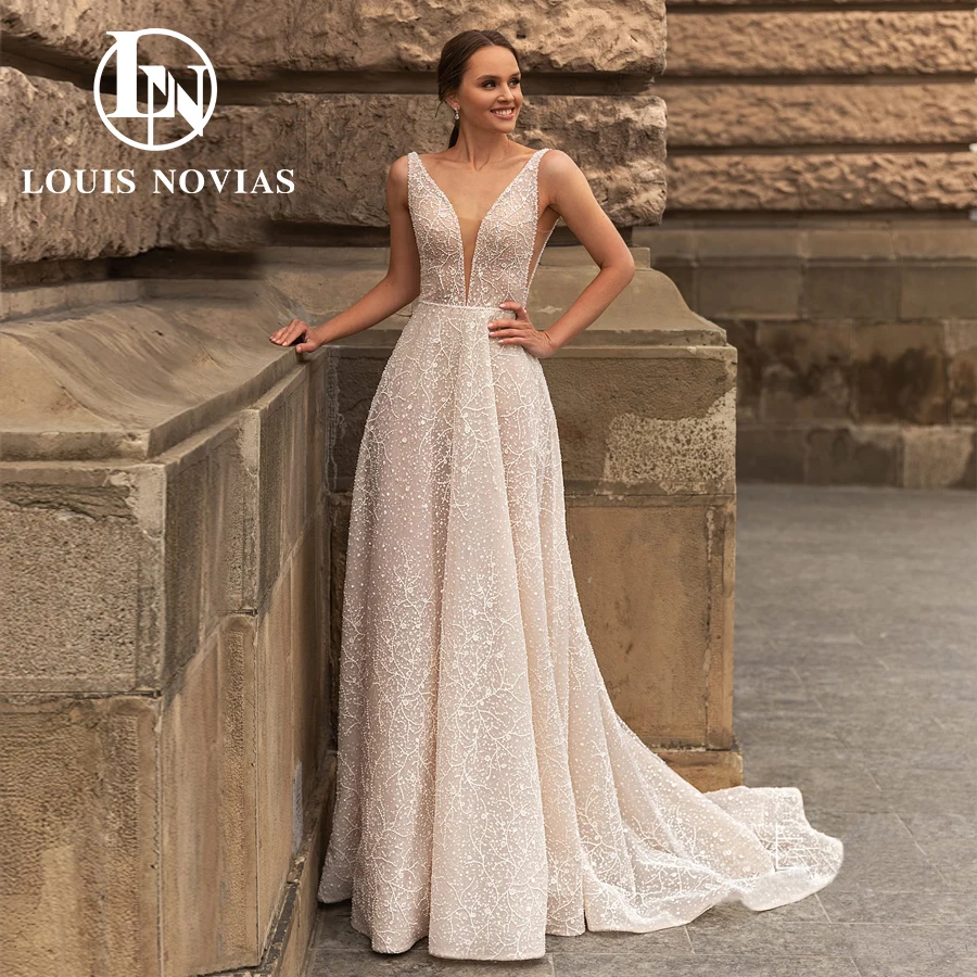 

Свадебное платье LOUIS NOVIAS, модель 2022 года, сексуальное кружевное платье с вышивкой из бисера, блестящее платье на молнии с открытой спиной и глубоким V-образным вырезом без рукавов