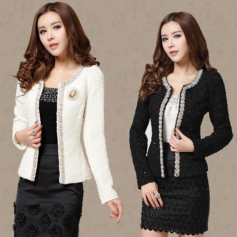 

free shipping Autumn-Winter coat short design Women Outerwear Elegant Beaded Diamond slim Big code Small jacket M-XXXL A607