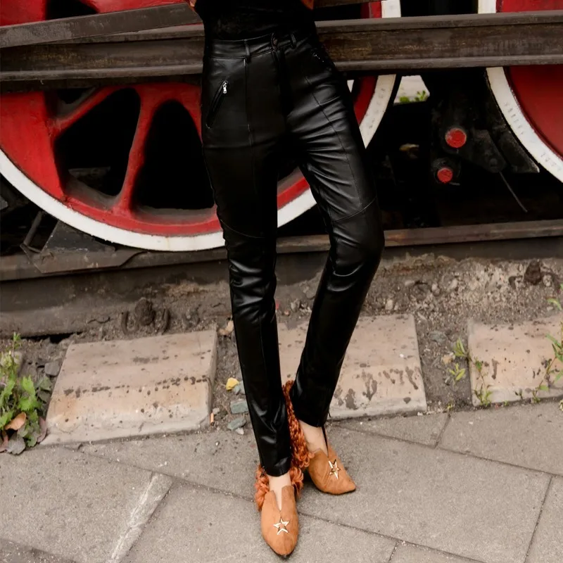 

Casual Genuine Women Sheepskin Real Trousers Streetwear Fake Zipper Fashion Lady Slim Leather Pencil Pants