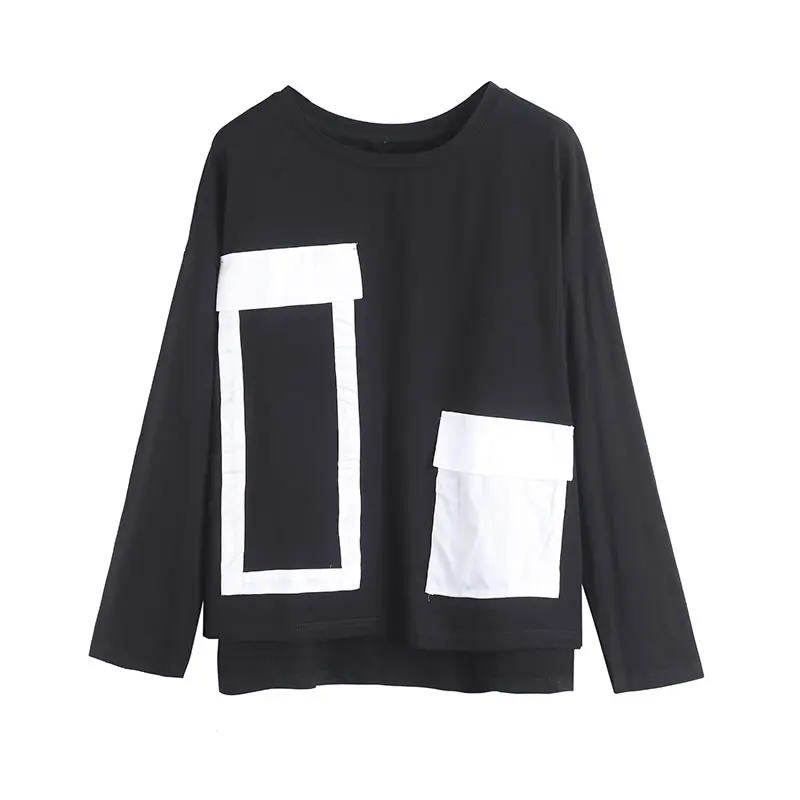 

XITAO Patchwork Pockets T shirt Women 2020 Autumn Casual Fashion New Style Temperament All match O Neck Full Sleeve Tee ZP3198