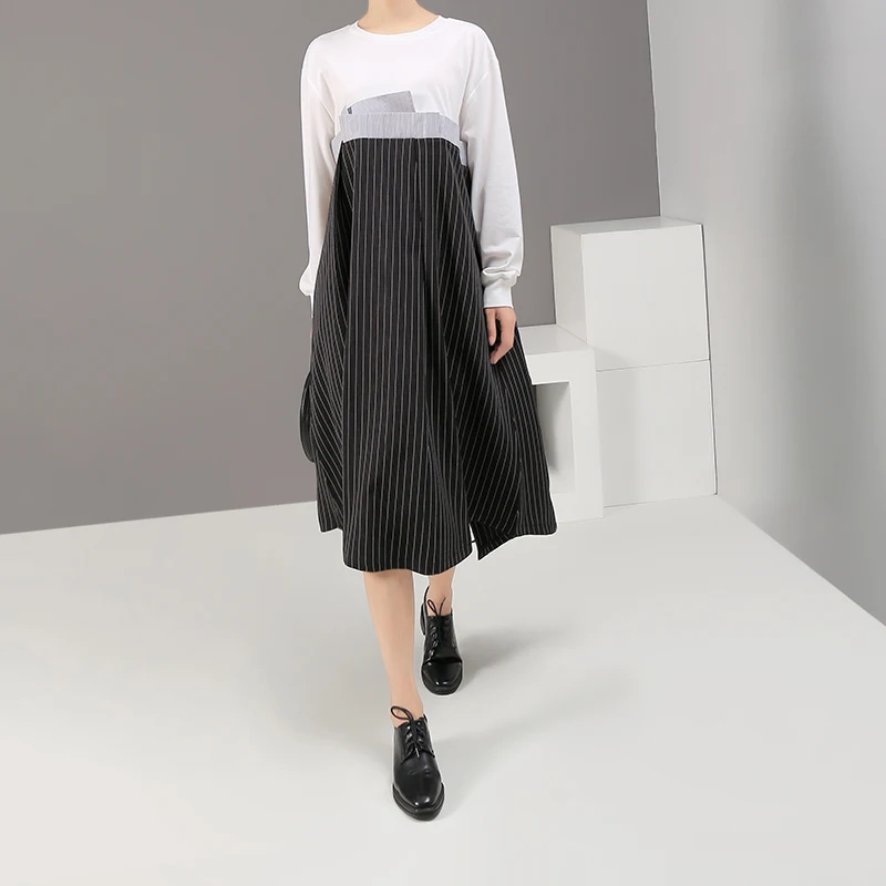 Новинка 2019 корейский стиль женское черное лоскутное Полосатое платье с поясом