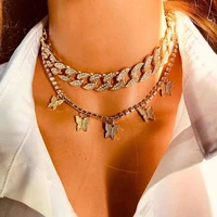 punk hip hop style alloy rhinestone butterfly pendant necklace for women simple zircon thick chain double layer choker necklace