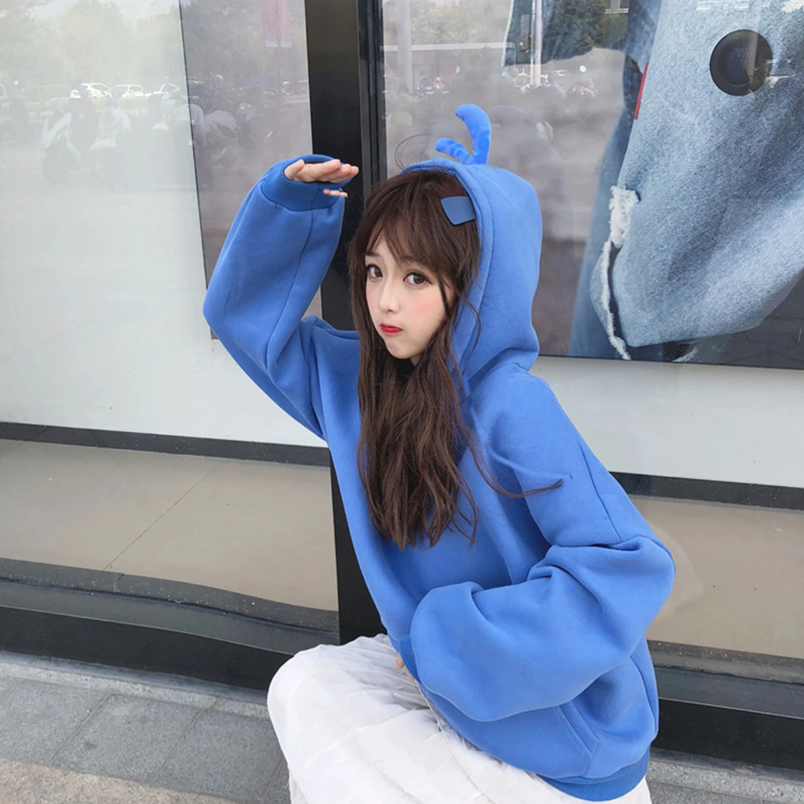 Women Casual Cartoon Hooded Long Sleeve Pullover Sweatshirt Winter Blue Purple Pocket Oversized Plush Warm Hoodies Sweatshirts