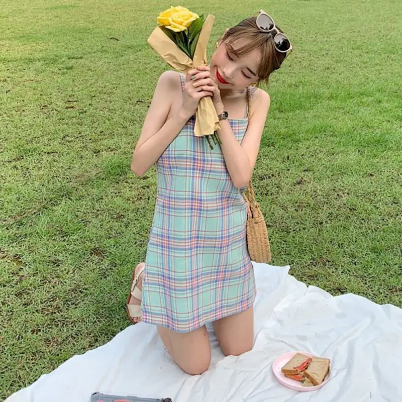 

2020 Women Dress Plaid Short Mini Dress Summer Sleeveless Korean Style Ladies Sling Dresses Vestidos
