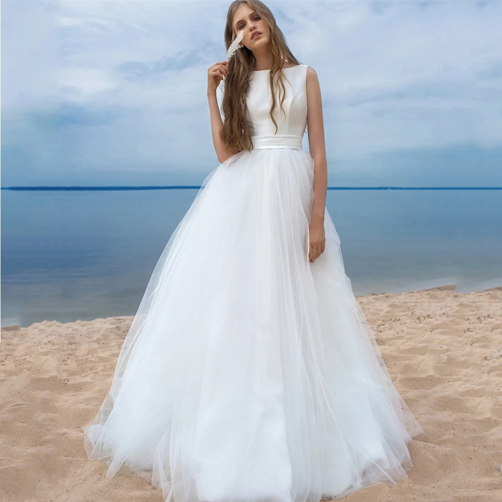 

Eightale A-Line Beach Wedding Dress O-Neck White Tulle Lace Up Back Sweep Train Sashes Bow Bridal Gowns 2021 Vestido De Noiva