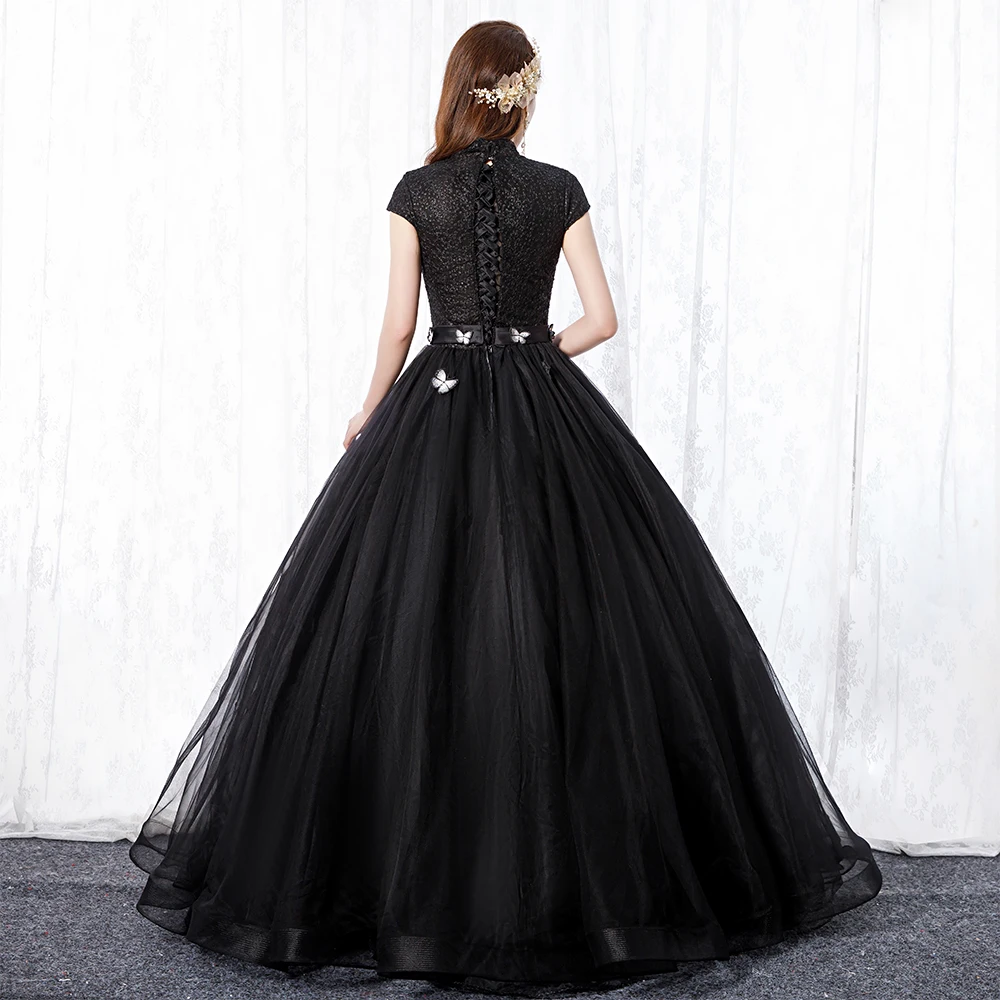 Милое черное пышное платье на 16 лет 2019 Vestido debutante 15 anos бальное с высокой горловиной