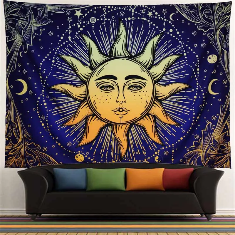 Мандала желтое солнце гобелен с Луной стене висит хиппи стены ковры Psychedelic фон