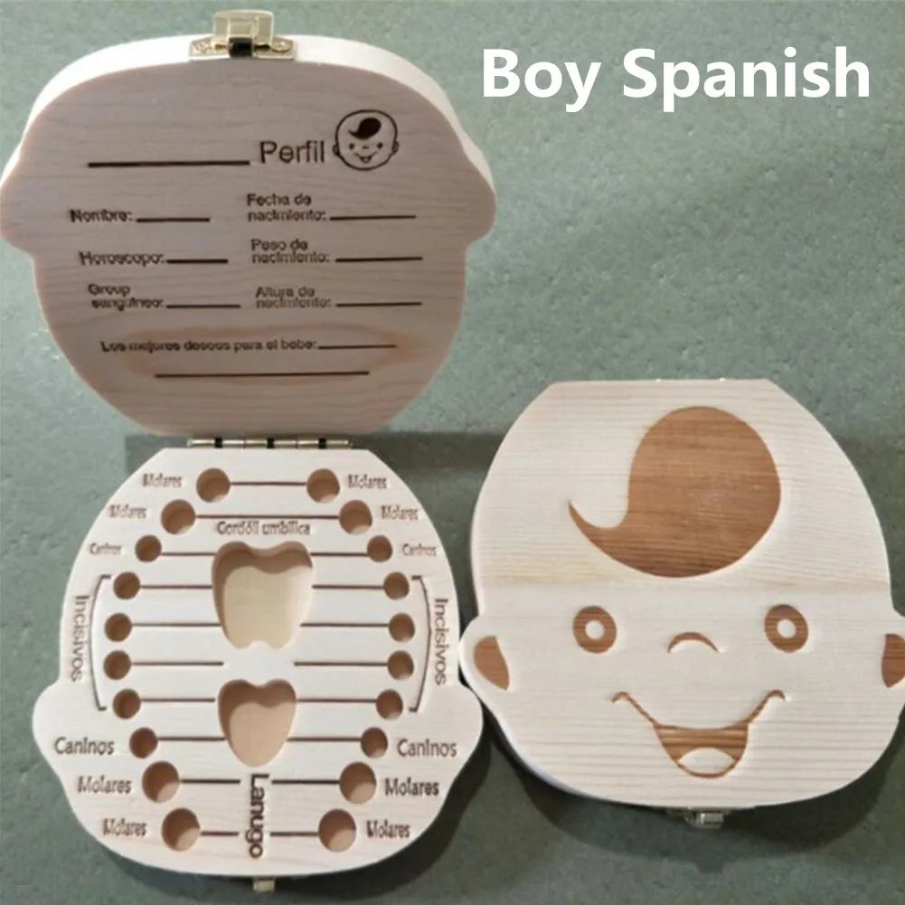 Boy Spanish Деревянные детские молочные зубы коробка Детские сувениры Фетальные волосы зуб Коллекция Деревянный чехол - Цвет: Boy Spanish