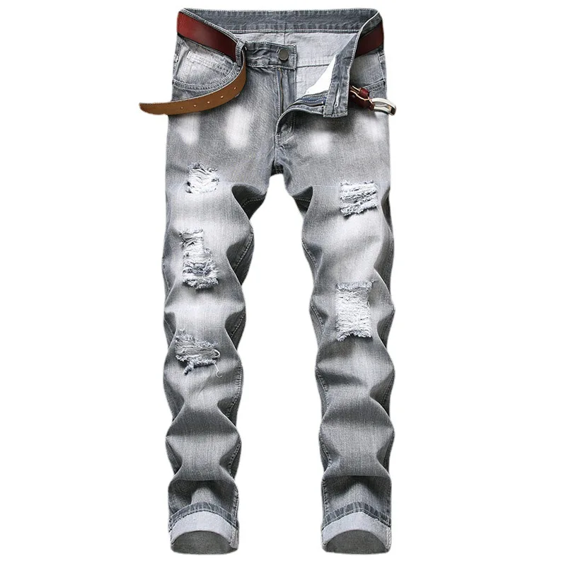 

2021 Men's Ripped Straight Slim Jeans Youth Casual Gray Trousers
