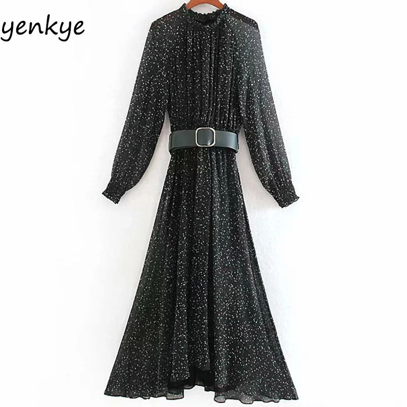 Женское платье миди с поясом и пряжкой длинным рукавом воротником шифоновое