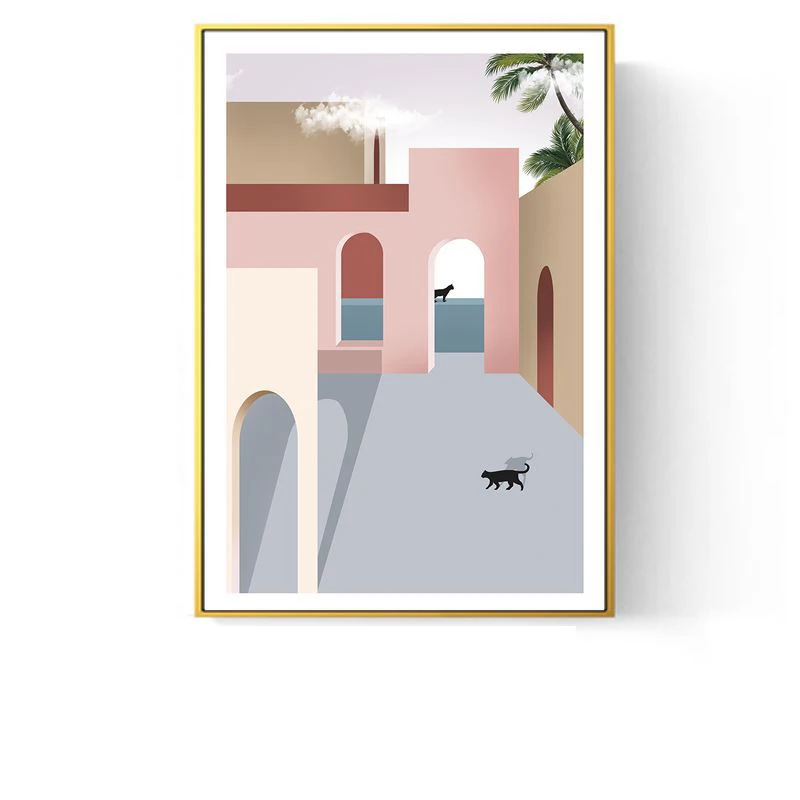 

Nordic Pink Architecture Living Room Study Wall Painting, Modern Light Luxury Art Decoration Designer's Geometric Murals