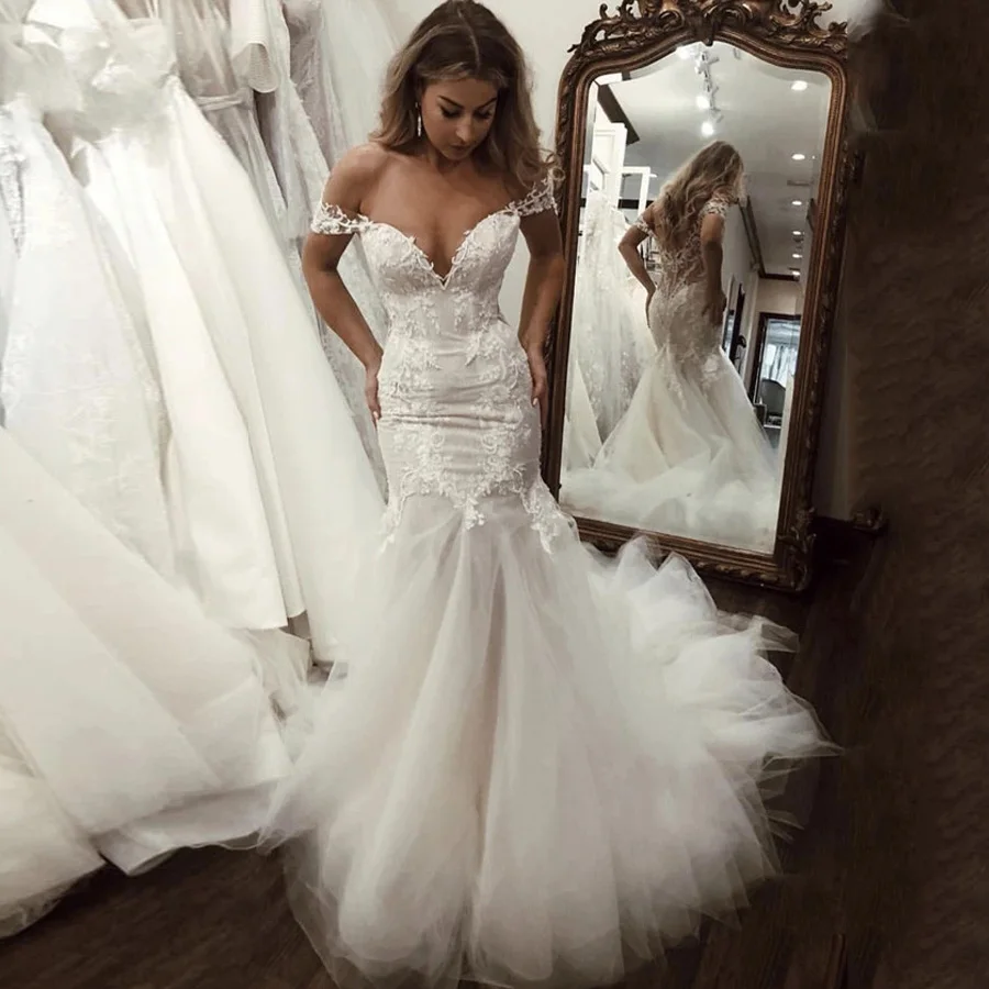 

2021 Sexy Wedding Dress Robe De Mariee Off The Shoulder V Neck See-through Lace Appliqued Mermaid Bridal Gown